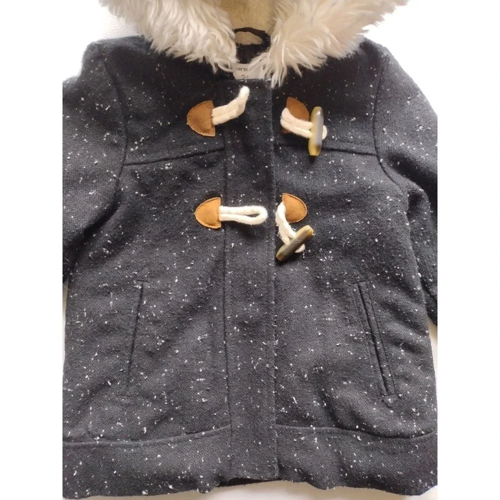 Carters‎ Toddler Girls Black Speckled Duffle Coat Faux Fur Hood Size 2T